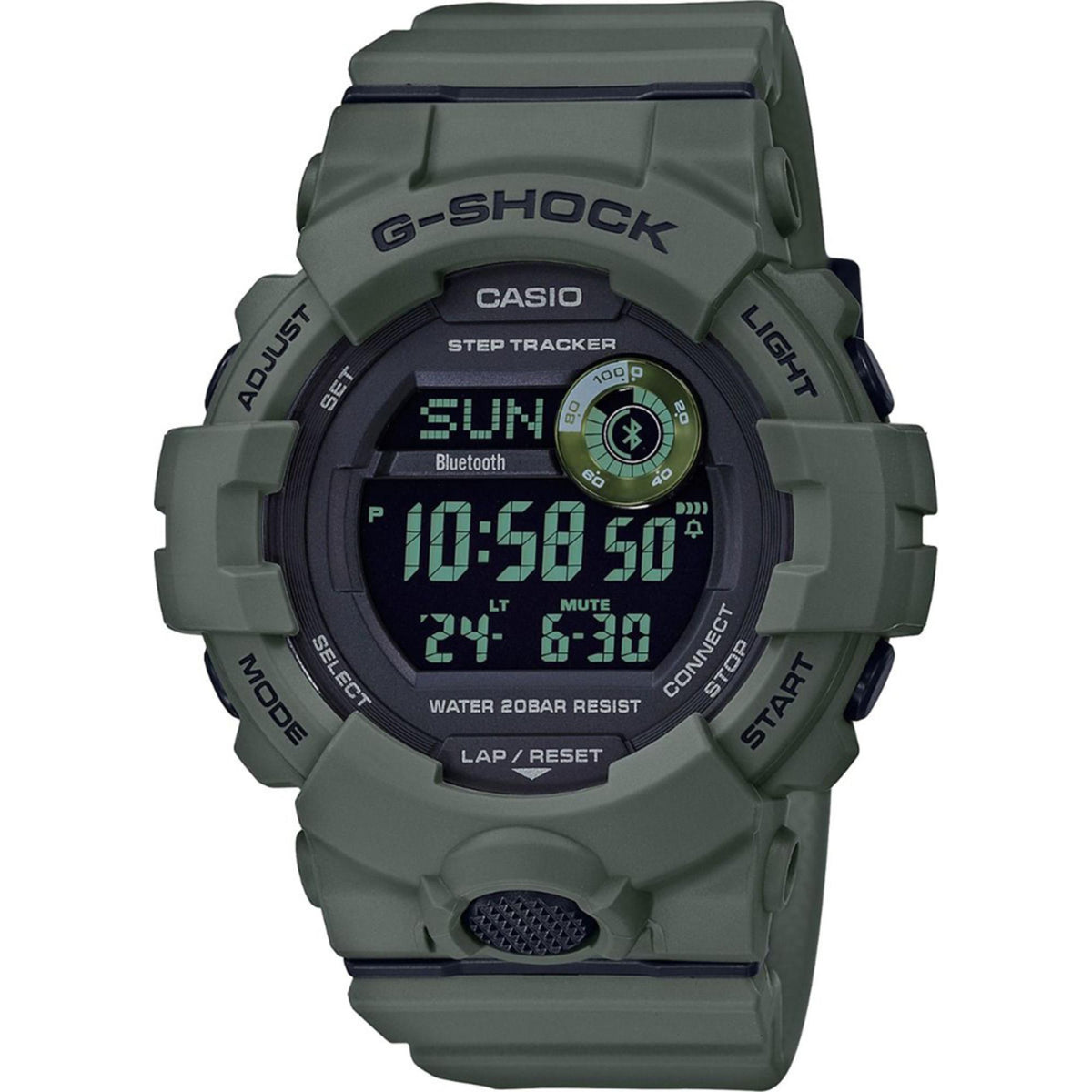 Casio G-Shock G-Squad GBD-800UC-3ER direct front view of digital dial screen with resin bezel profile