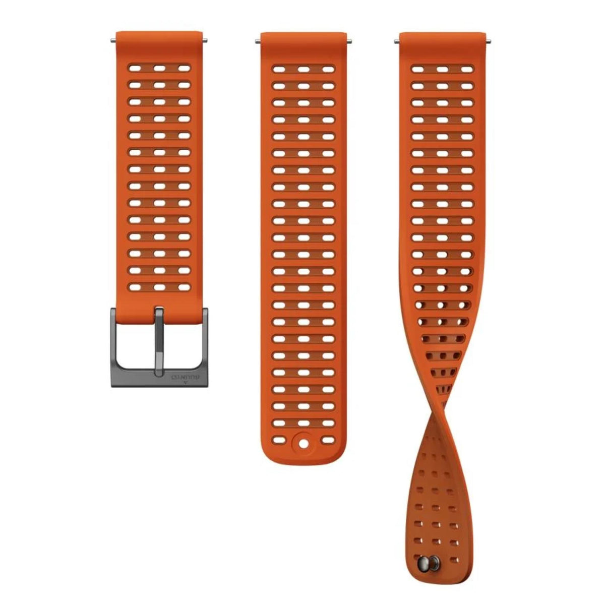 Orange silicone watch strap with rows of perforations and metal buckle