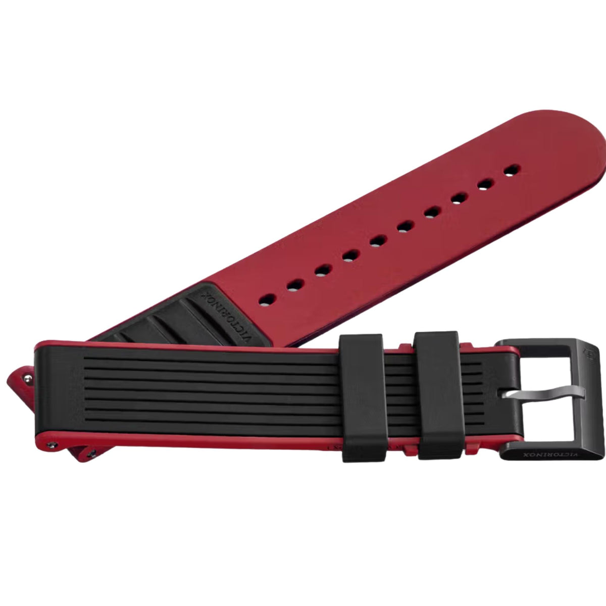 Victorinox Genuine Rubber V.60066 replacement black strap set showing smooth red underside, adjustment sizing holes, and black metal buckle