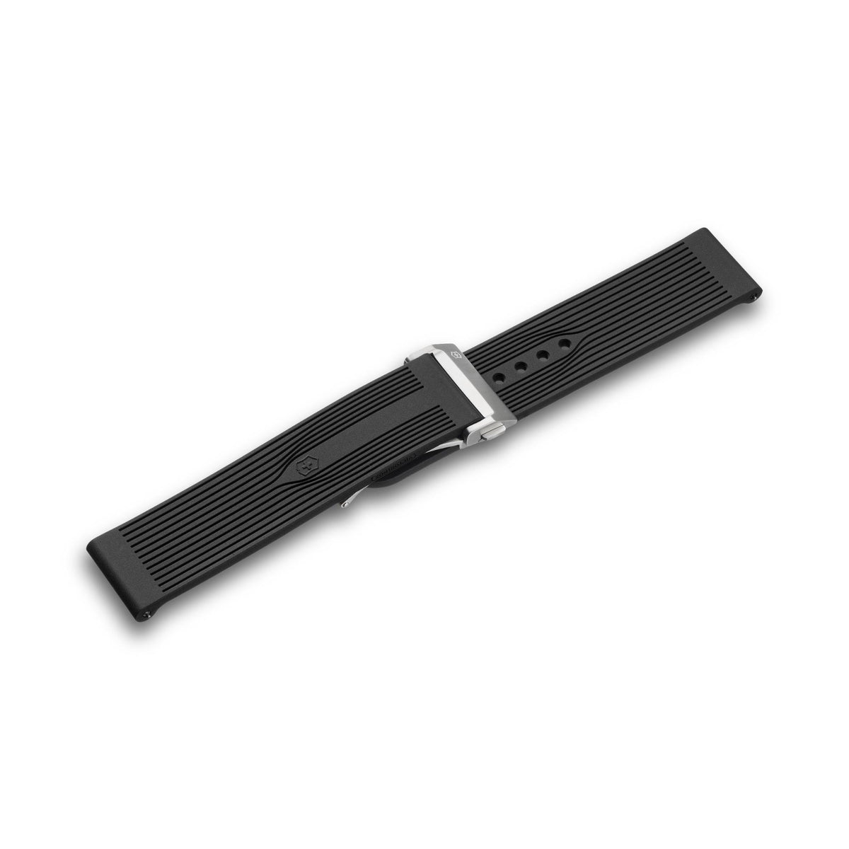 Victorinox Air-Pro V.60071 black 21mm rubber watch strap with ribbed pattern, shield emblem, and closed stainless steel folding clasp