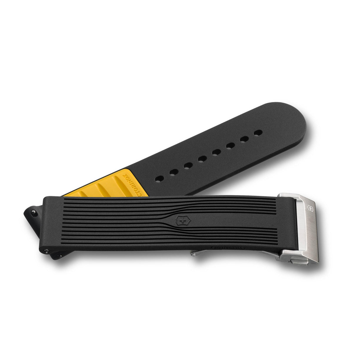Victorinox Air-Pro V.60071 replacement black silicone strap detailing yellow underside accent, textured upper lines, and brushed metal foldover clasp