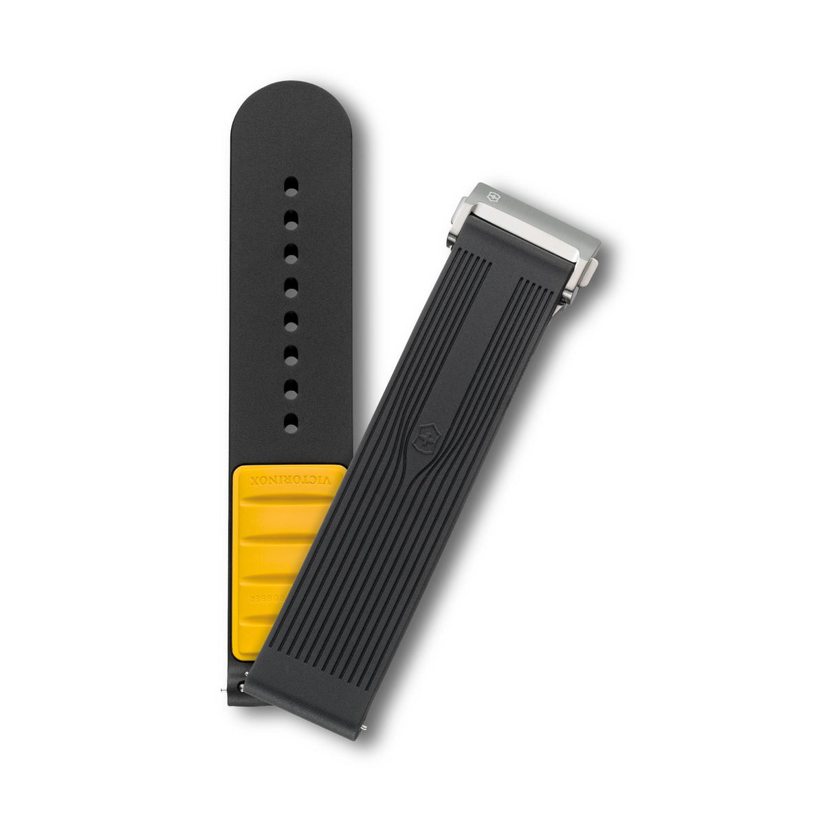 Victorinox Air-Pro V.60071 two-piece 21mm black rubber watch strap set displaying yellow inner lining insert and silver steel deployment buckle