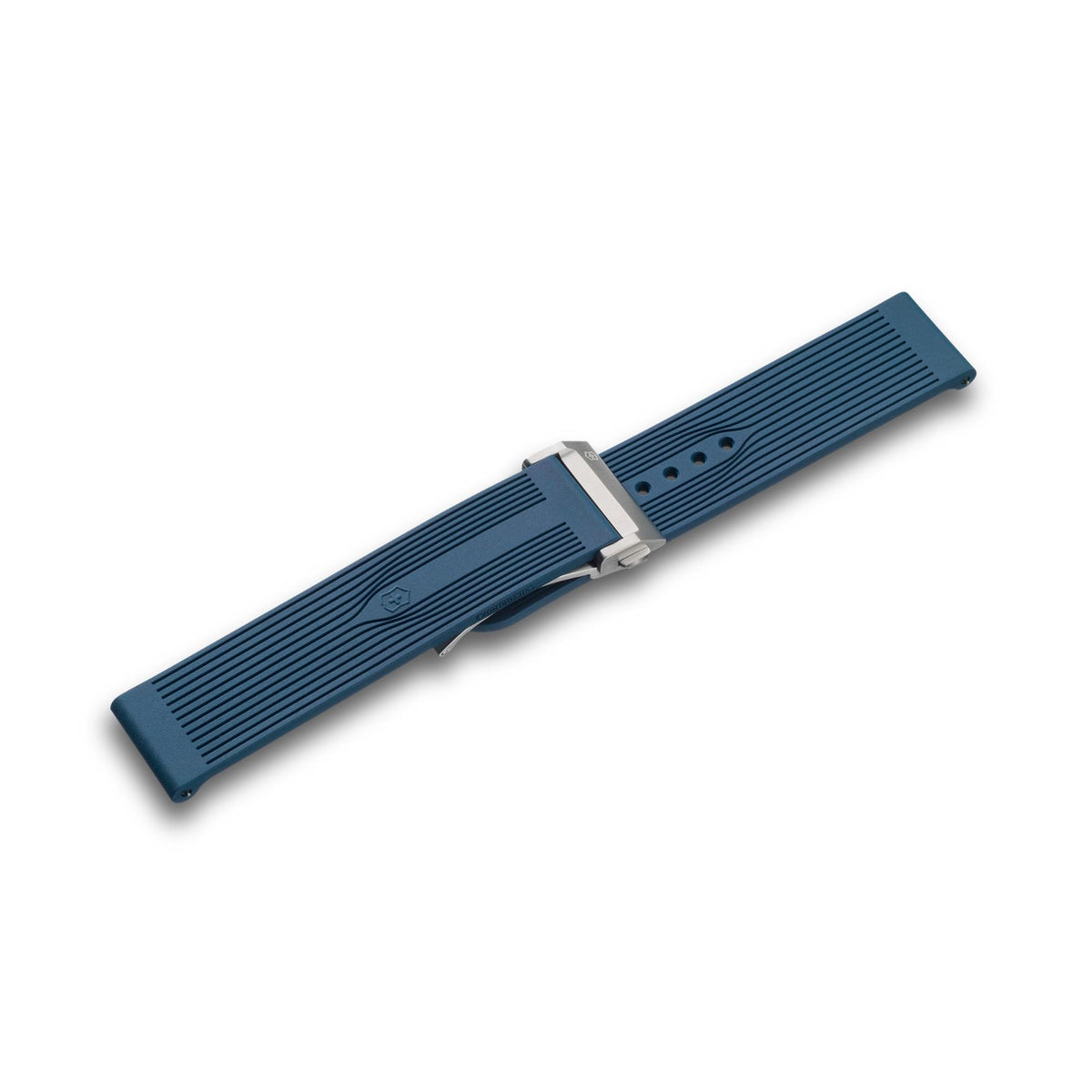Victorinox Air-Pro V.60072 blue 21mm rubber watch strap with linear grooved texture, central emblem, and secured stainless steel deployment clasp