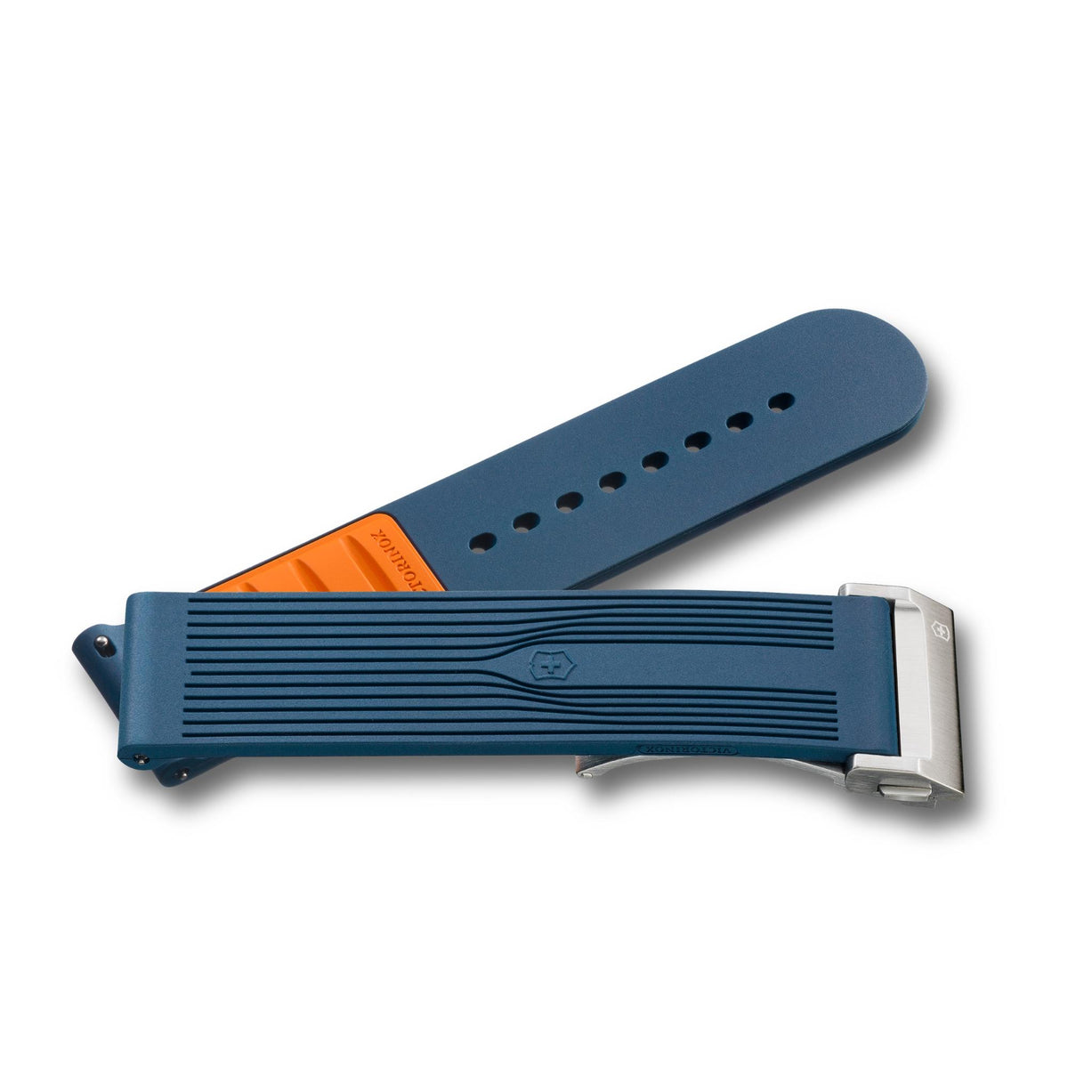 Victorinox Air-Pro V.60072 blue silicone watch strap highlighting orange underside accent, textured surface lines, and brushed steel folding buckle