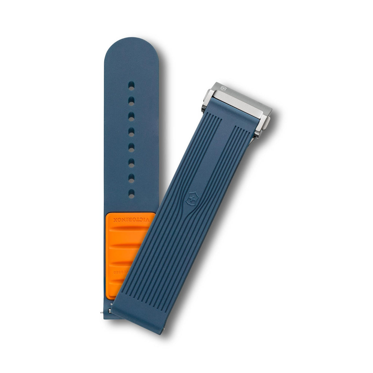 Victorinox Air-Pro V.60072 two-piece 21mm blue rubber watch strap set displaying orange inner lining insert and silver steel deployment buckle