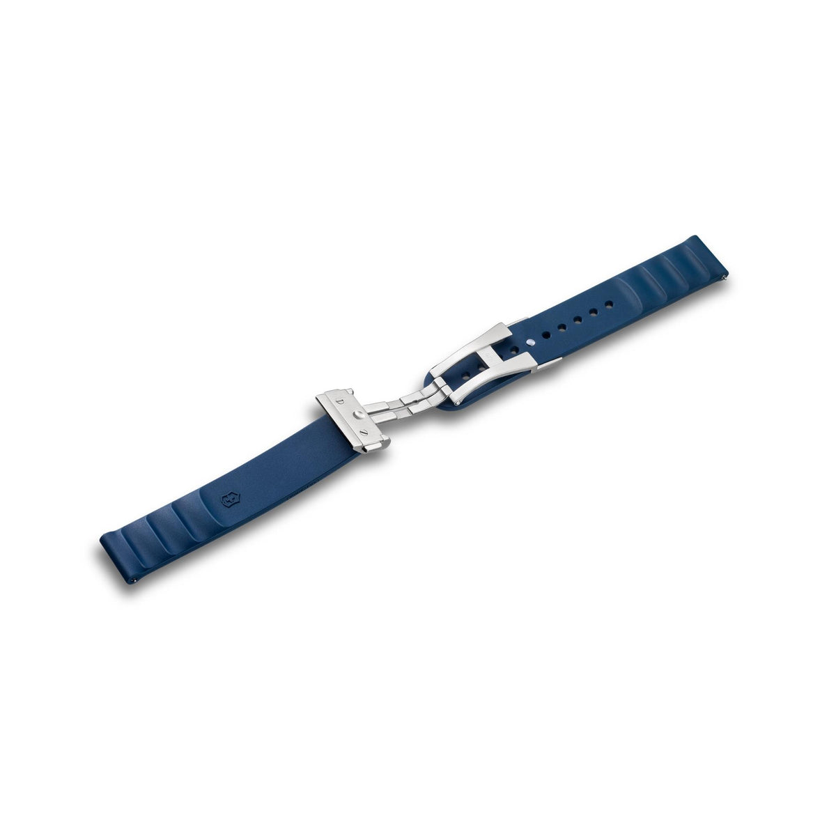 Victorinox Genuine Rubber V.60076 blue small watch band with open silver deployment clasp deployment mechanism and pin adjustment holes