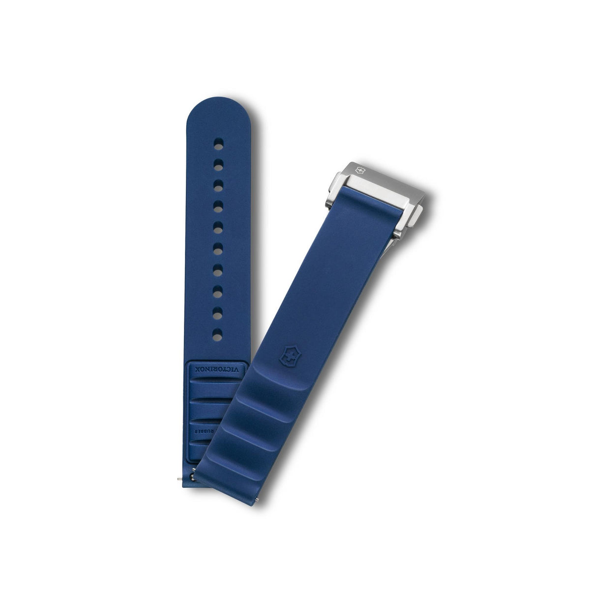Victorinox Genuine Rubber V.60076 two-piece 16mm blue watch strap layout displaying branded shield icon, ridged ends, and stainless steel foldover clasp