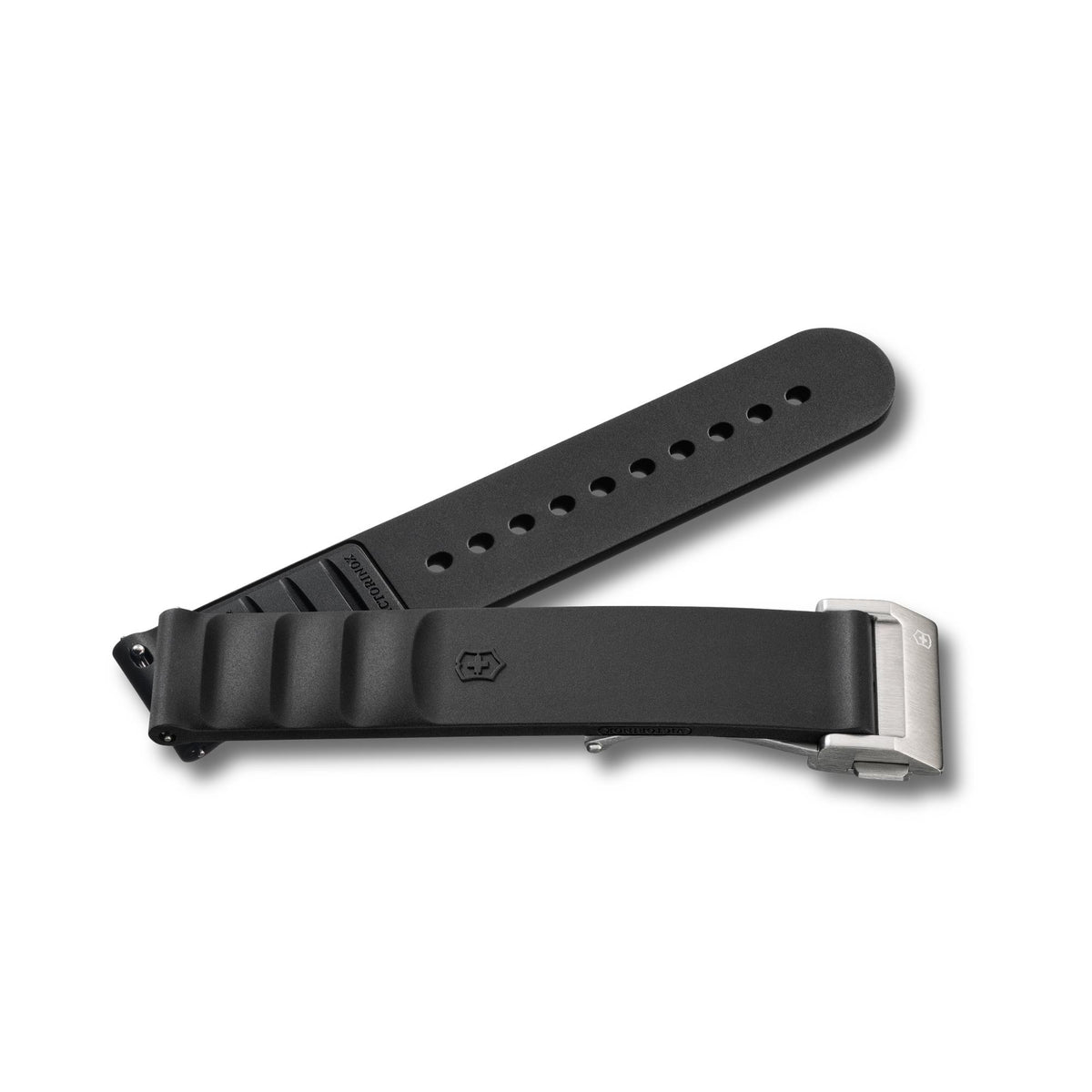 Victorinox Genuine Rubber V.60077 16mm replacement black silicone strap showing textured upper wave design, pin holes, and brushed metal buckle hardware
