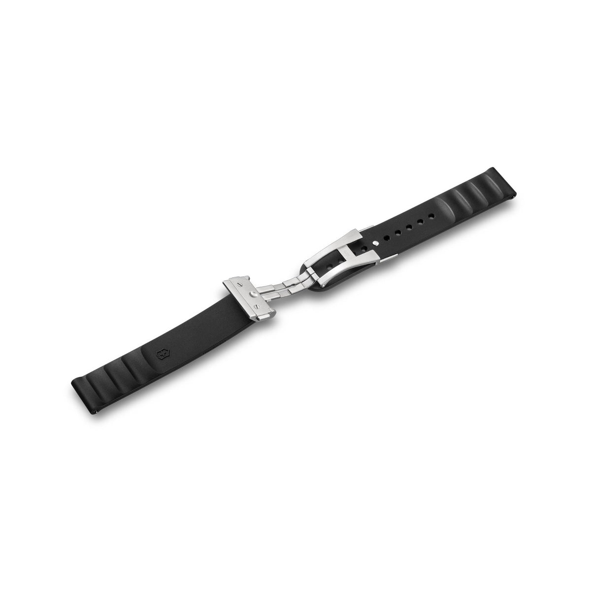 Victorinox Genuine Rubber V.60077 black small watch band with open silver deployment clasp deployment mechanism and pin adjustment holes