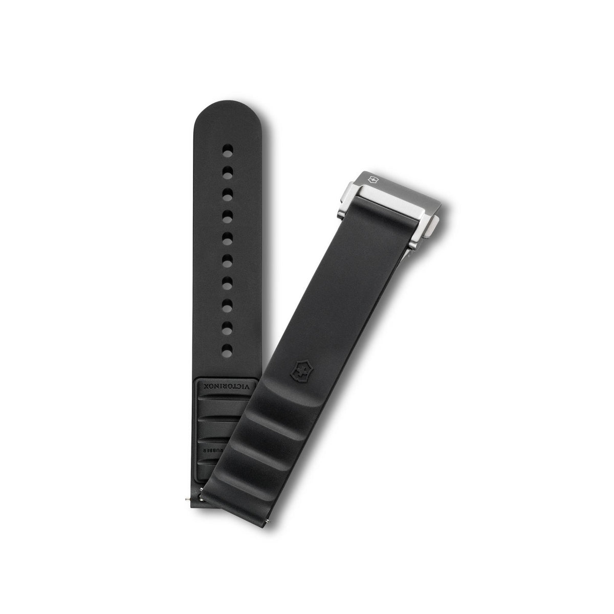 Victorinox Genuine Rubber V.60077 two-piece 16mm black watch strap layout displaying branded shield icon, ridged ends, and stainless steel foldover clasp