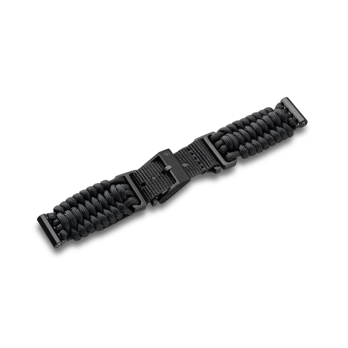 Victorinox Handwoven Paracord V.60081 black 16mm small watch strap shown fully fastened with woven cord section and black pin buckle