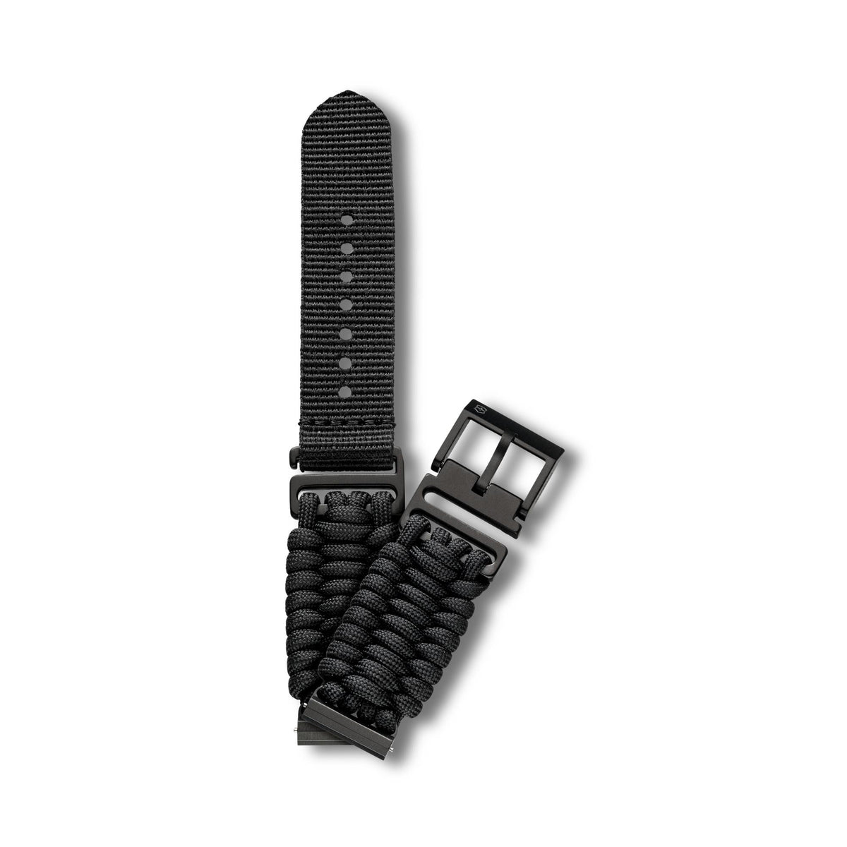 Victorinox Handwoven Paracord V.60081 replacement black watch band detailing woven cord weave, nylon webbing tail piece, and metal buckle