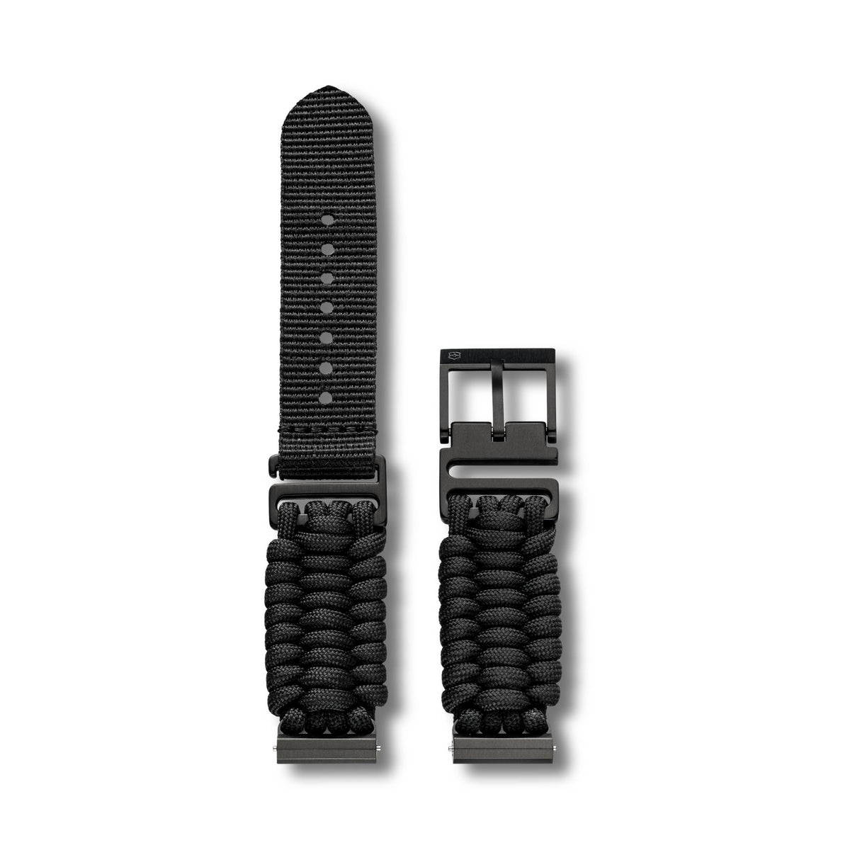 Victorinox Handwoven Paracord V.60081 two-piece 16mm black watch strap displaying braided paracord design, adjustment eyelets, and steel buckle hardware