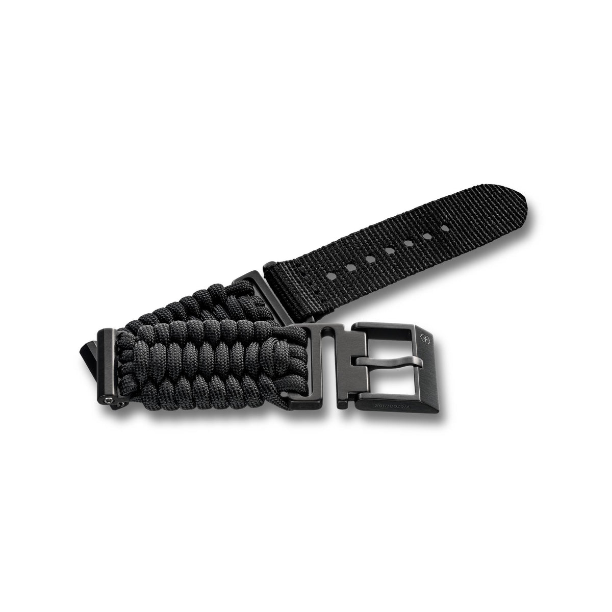 Victorinox Handwoven Paracord V.60081 small black wristband close-up highlighting tactical paracord weave, nylon strap end, and black pin buckle