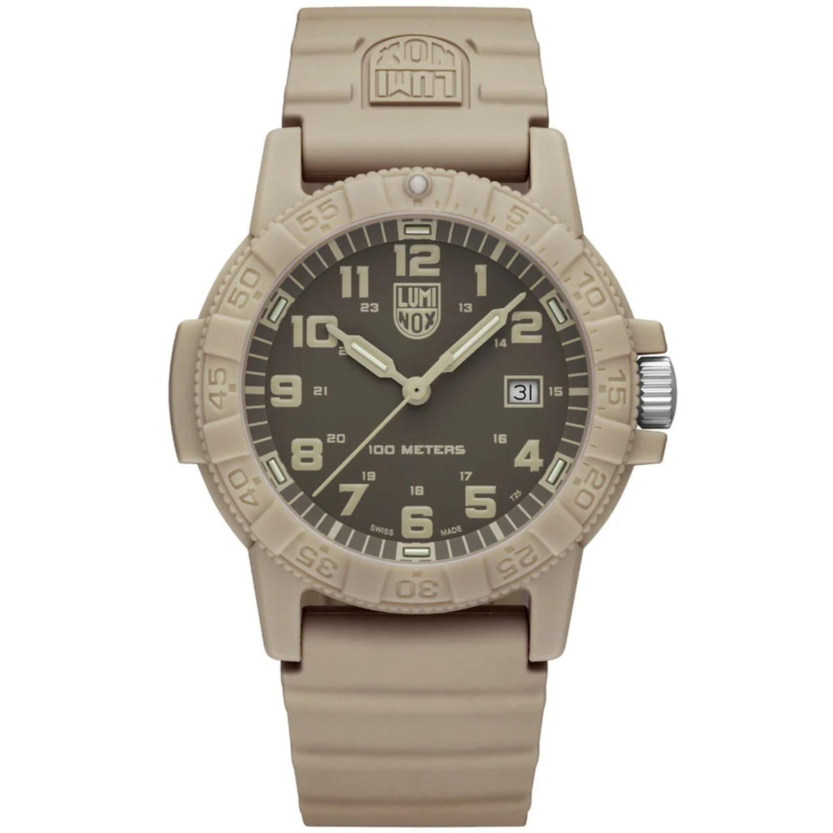 Full front view of the Luminox Leatherback Sea Turtle XS.0326 featuring a brown resin case, dark brown dial, and matching tan strap