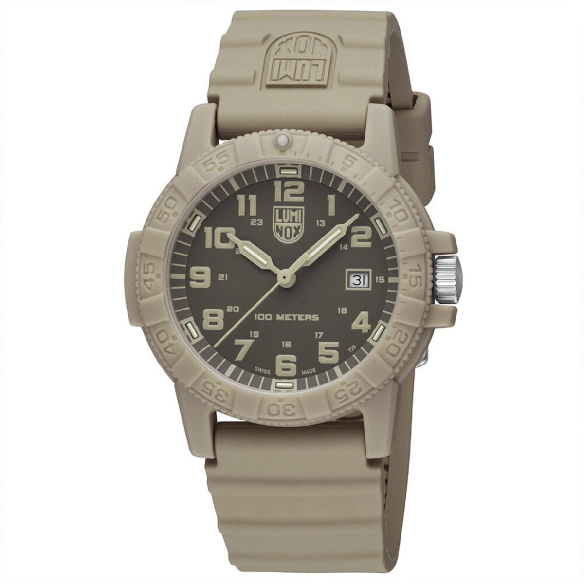 Three-quarter view of the tan Luminox Leatherback Sea Turtle XS.0326 showing the coin-edge bezel and dark brown watch face