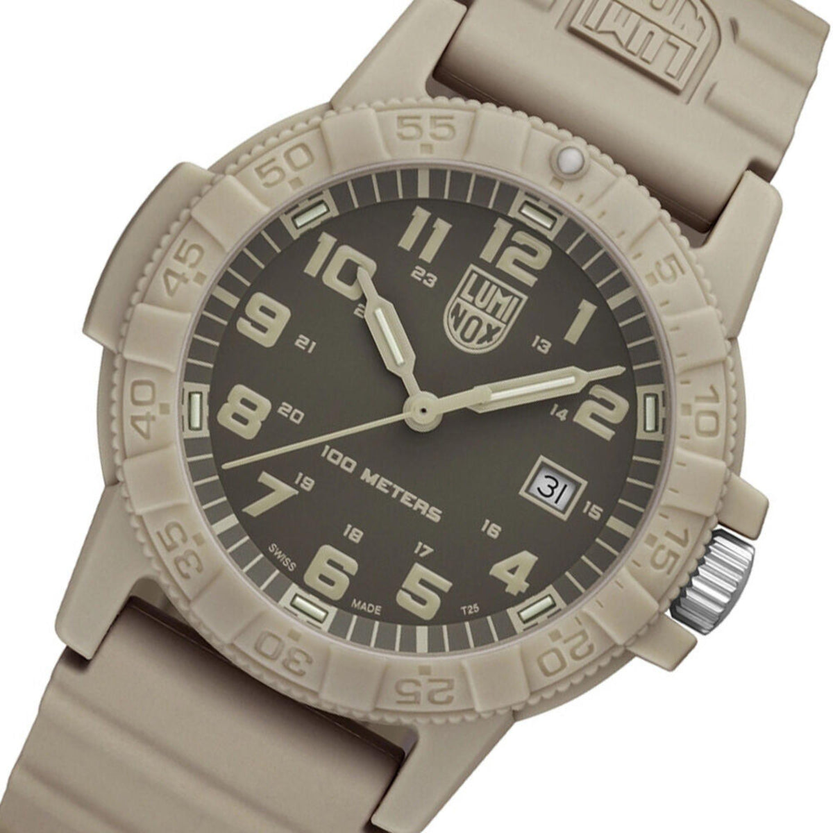 Close-up perspective of the brown dial, date window, and brown hour markers on the Luminox Leatherback Sea Turtle XS.0326