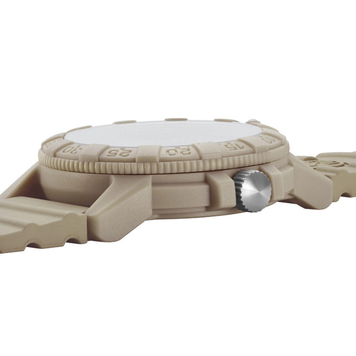 Side profile shot of the Luminox Leatherback Sea Turtle XS.0326 highlighting the notched bezel, crown, and matte brown finish