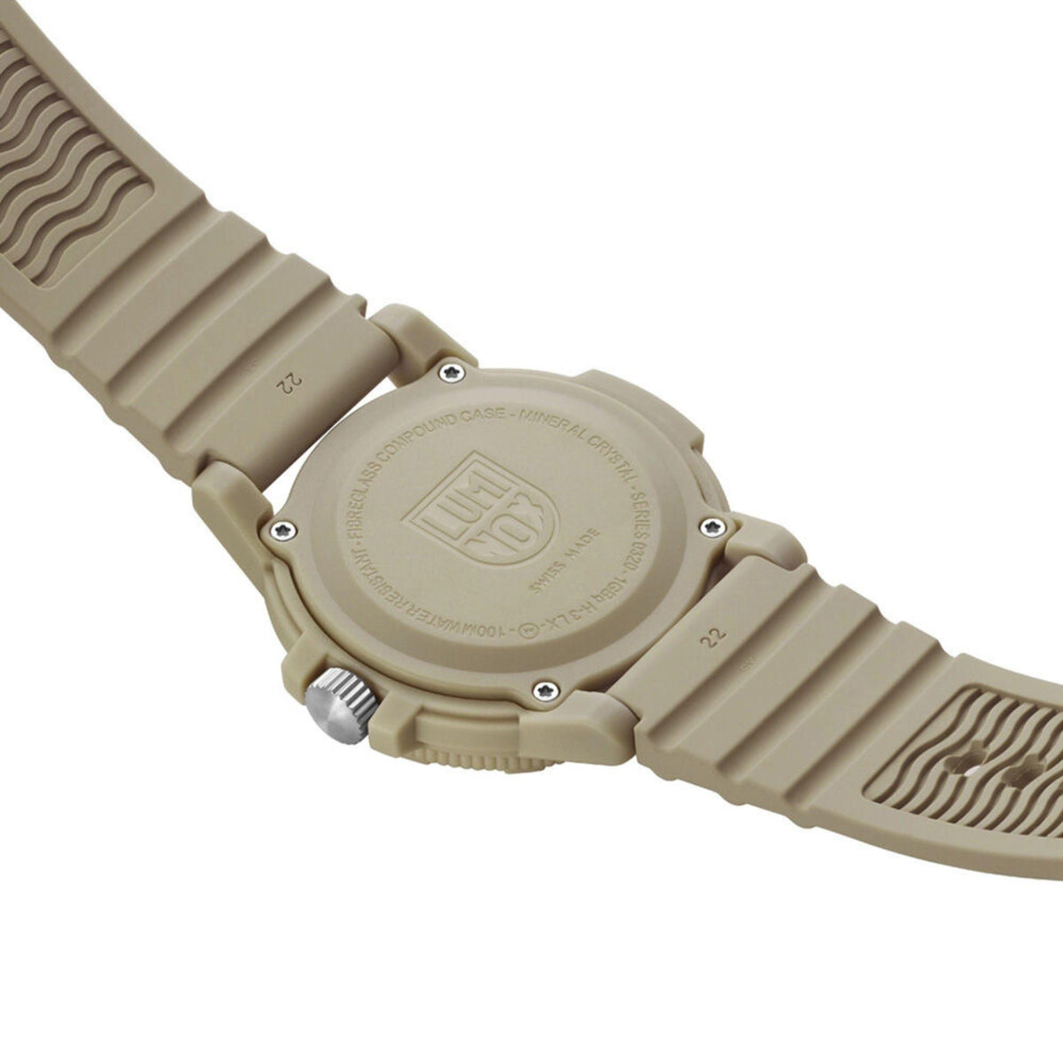 Rear view of the Luminox Leatherback Sea Turtle XS.0326 showing the embossed case back and four-screw back plate
