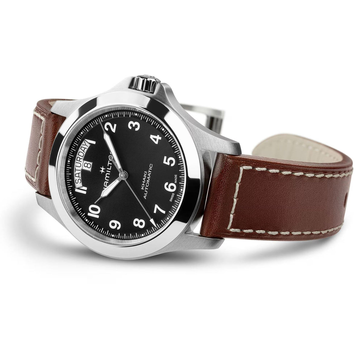 Hamilton Khaki Field 40mm black dial and brown leather strap detail