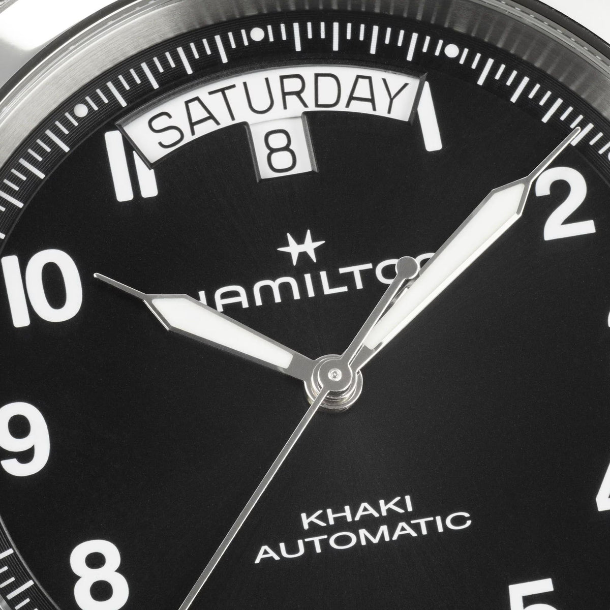 Hamilton Khaki Field H64475531 black dial with day-date display at 12 o'clock close-up