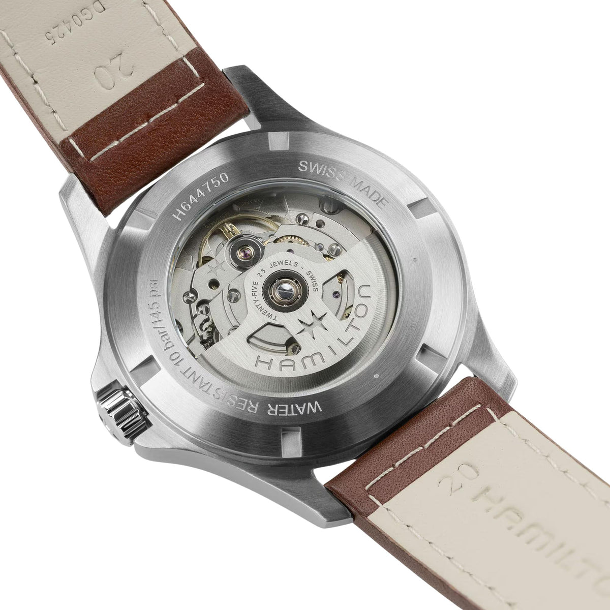Hamilton Khaki Field H64475531 exhibition caseback revealing H-40 movement