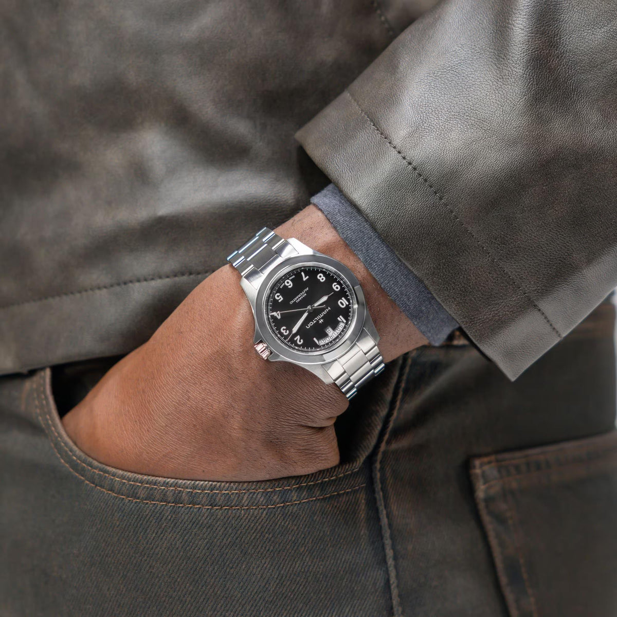 Hamilton Khaki Field King Black Dial Steel Day Date watch worn on wrist H64475131