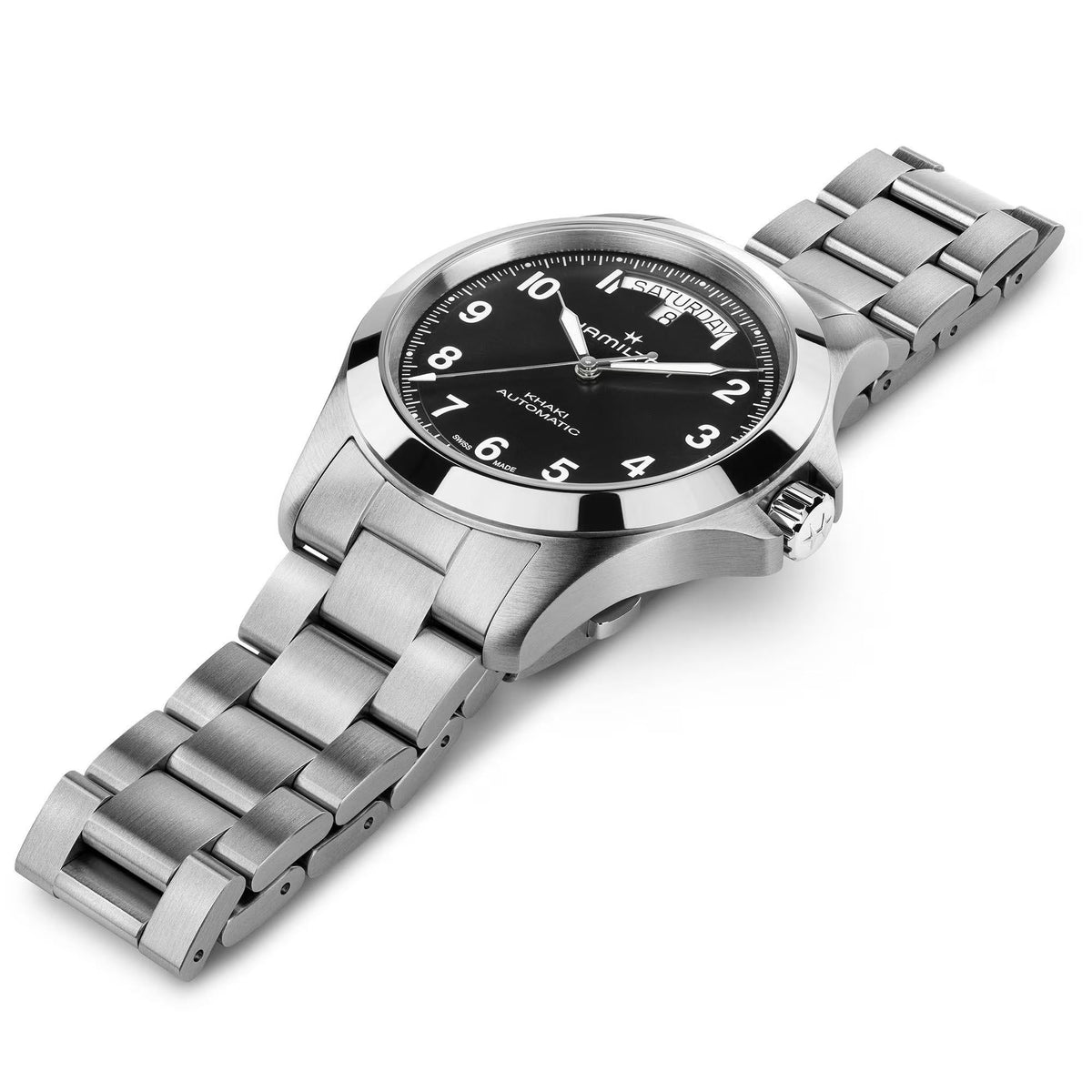Hamilton Khaki Field H64475131 40mm black day date dial and steel bracelet detail