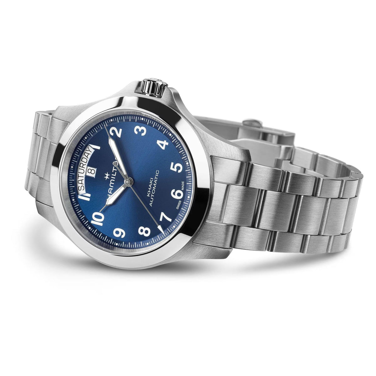 Men's stainless-steel automatic watch, blue dial with day/date and metal bracelet