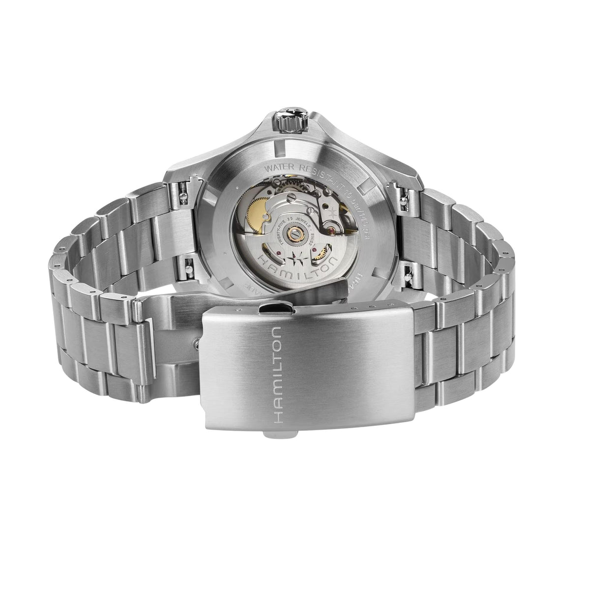 Men's stainless-steel automatic watch case back with visible movement through window