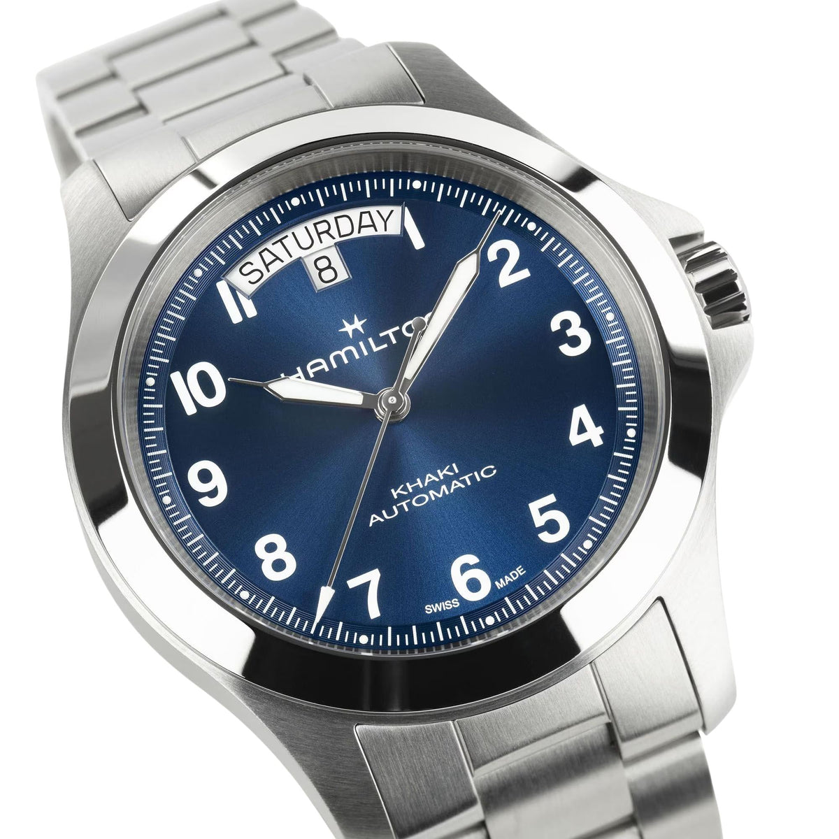 Men's stainless-steel automatic watch blue dial with Arabic numerals and day/date