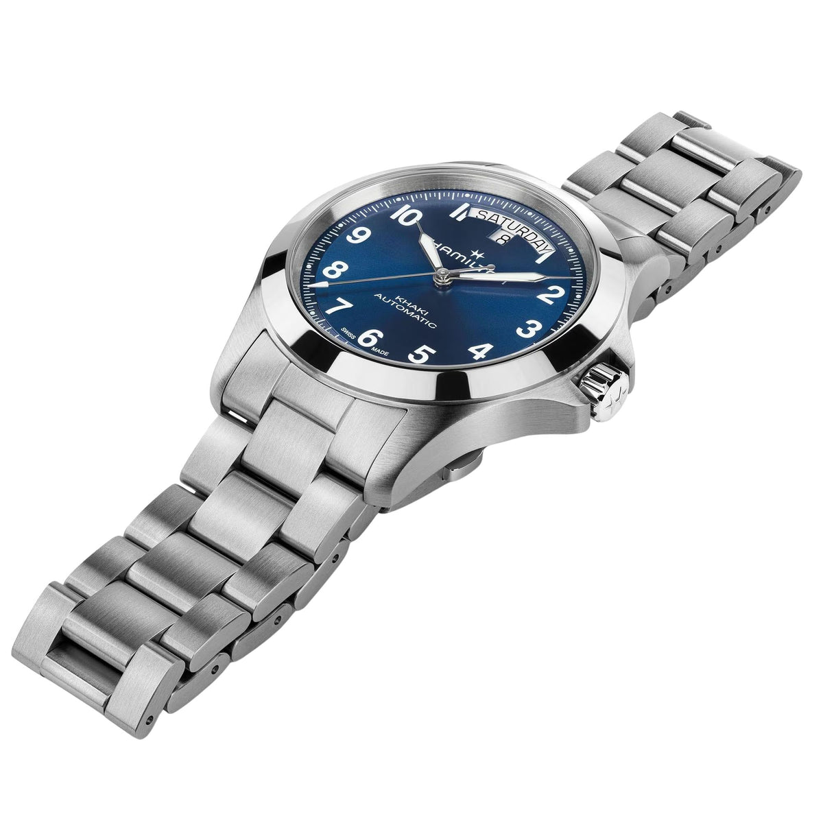 Men's stainless-steel automatic watch side profile with blue dial and bracelet links