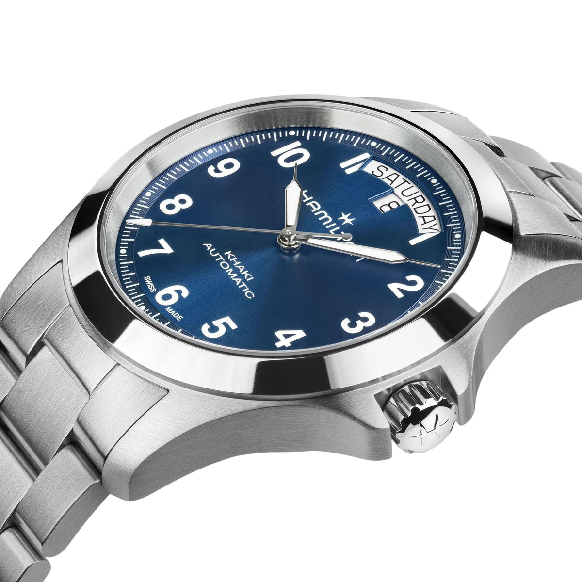 Men's stainless-steel automatic watch close-up, blue dial with hands and hour markers