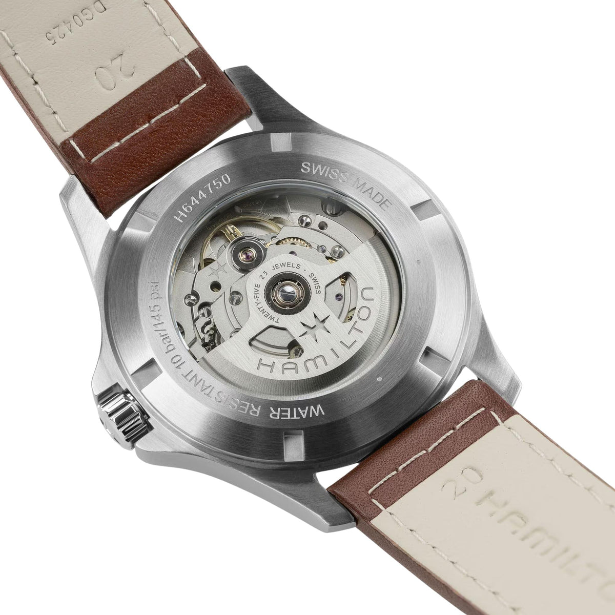 Hamilton H64475560 brown leather strap and case back view