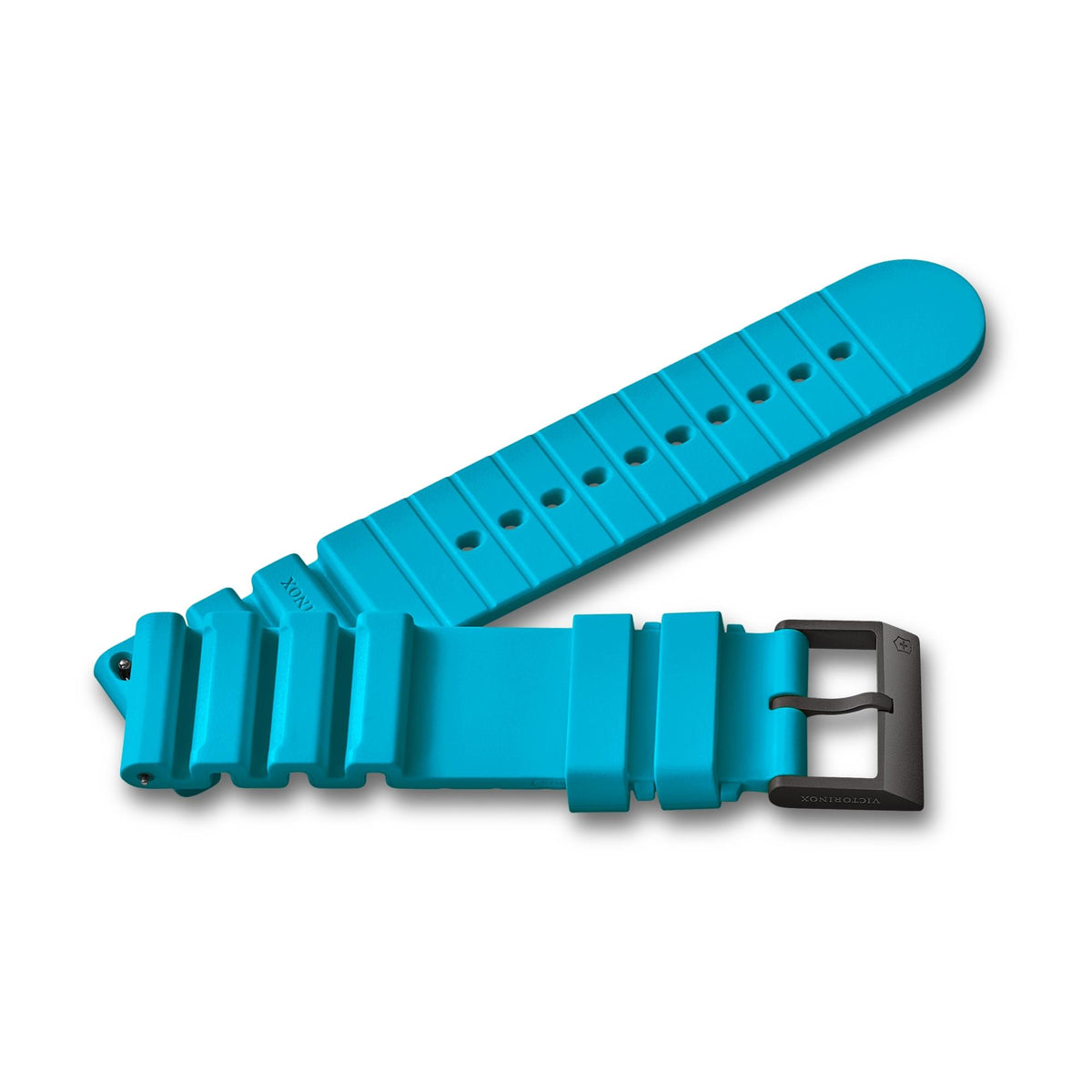 Blue rubber watch strap with metal clasp and vented adjustment holes