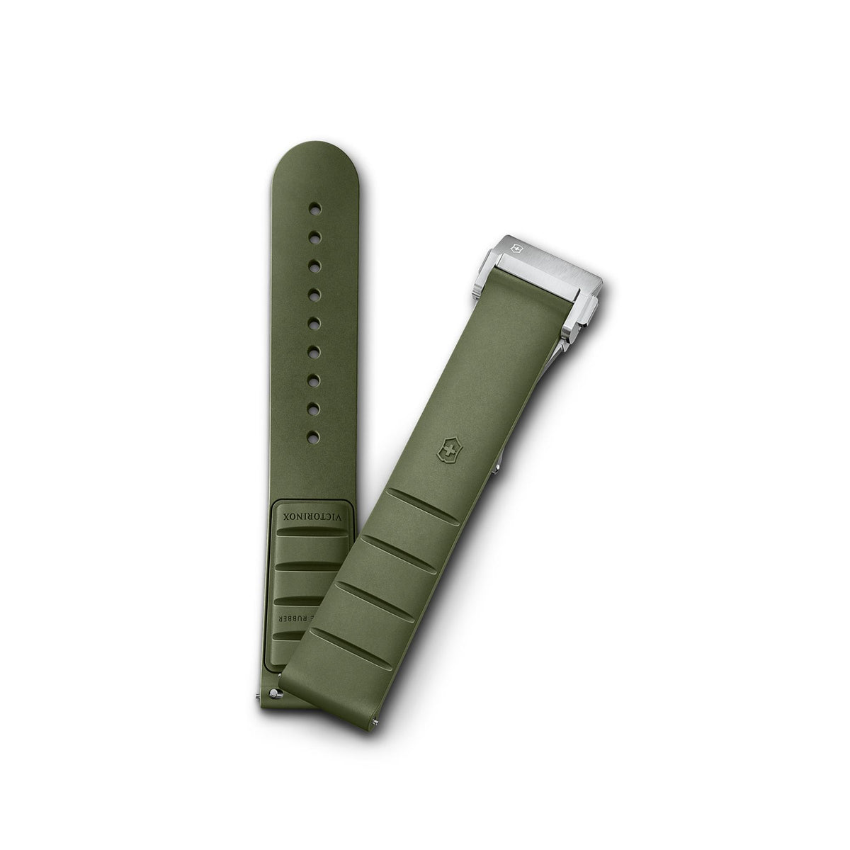 Green rubber watch strap shown front and back with silver buckle and ventilation holes