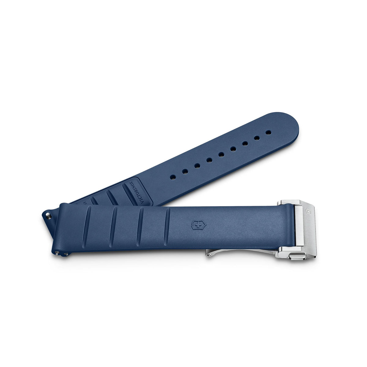 Victorinox 21mm blue rubber watch strap with textured keeper and metal clasp