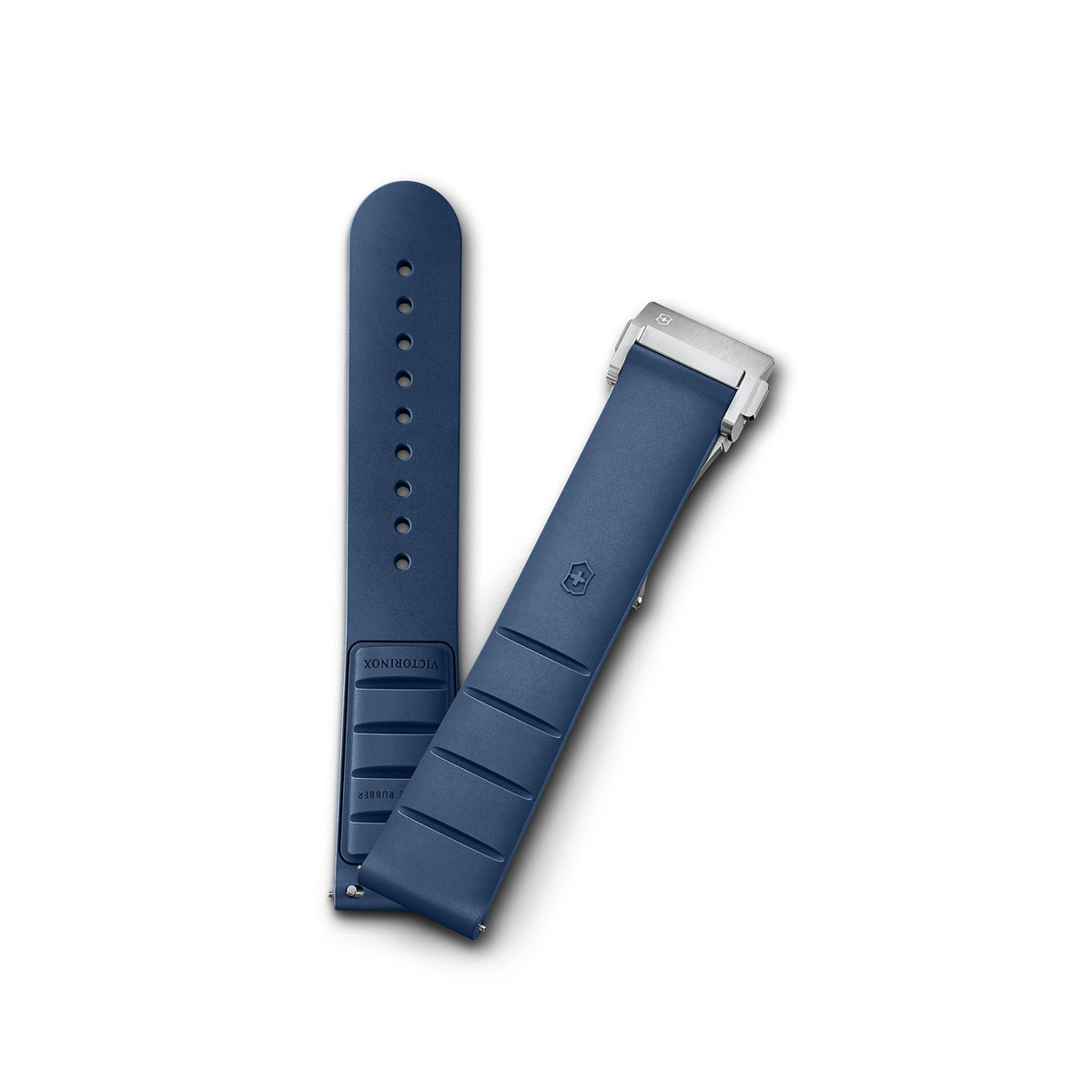 Victorinox 21mm blue rubber watch strap with clasp and row of adjustment holes