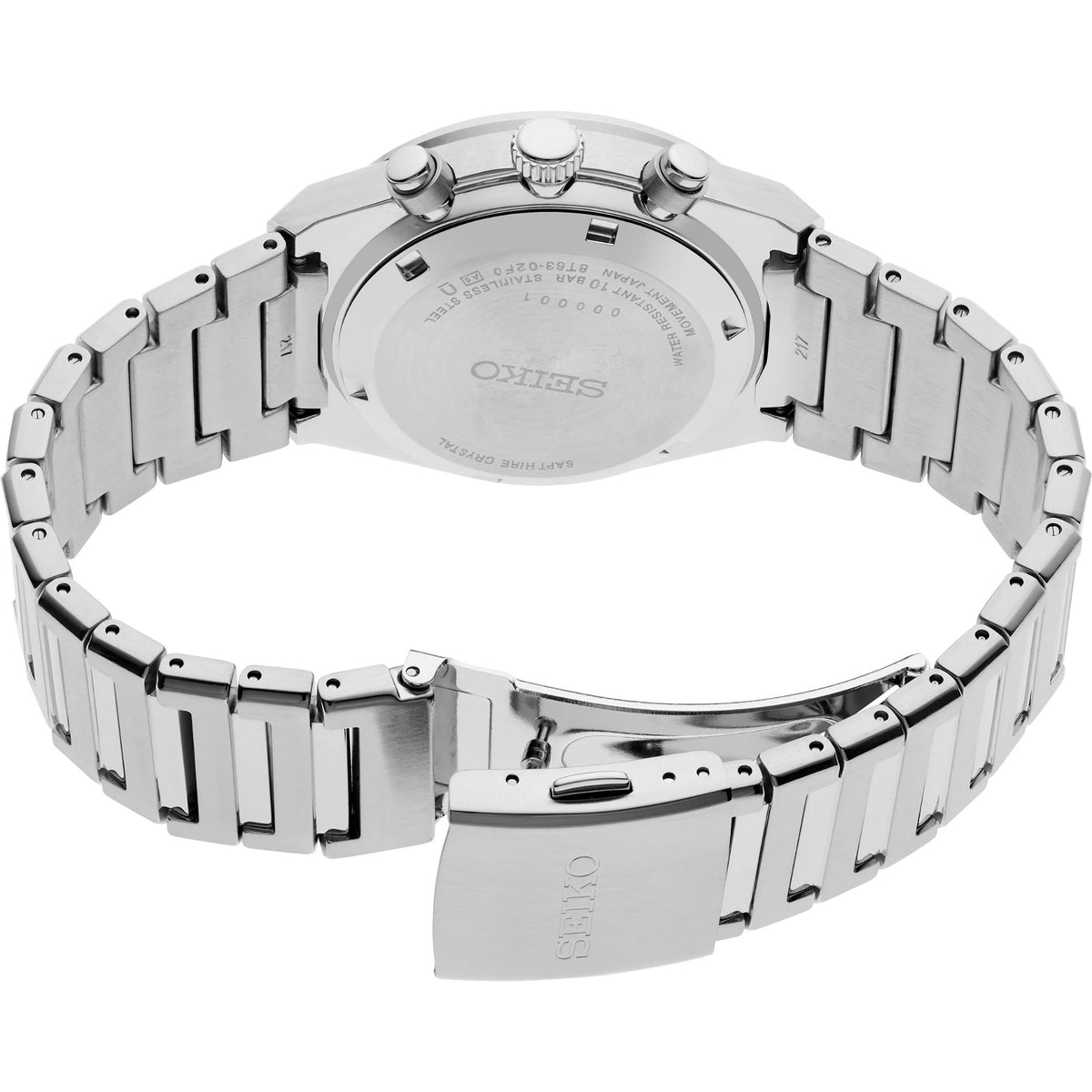Seiko Essentials SSB451P1 rear perspective showing engraved solid steel back case with open folding clasp