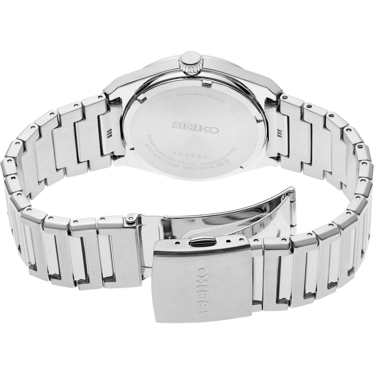 Seiko Essentials 39mm SUR557P1 stainless steel bracelet and folding clasp detail