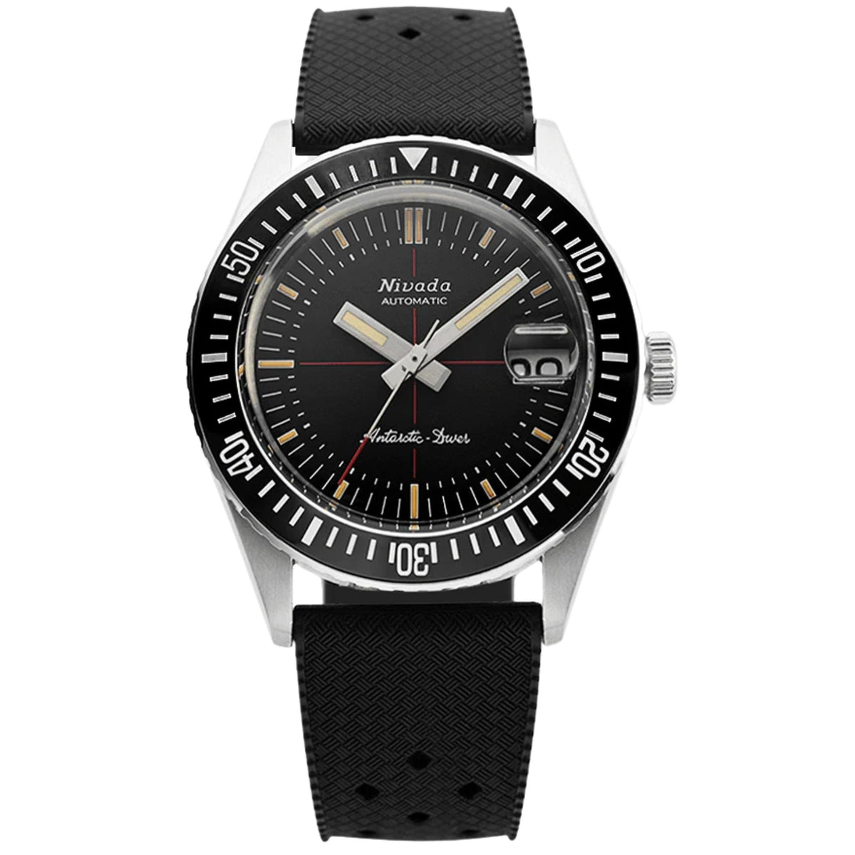 Black matte steel diver watch with black dial, rubber strap, silver hands and markers