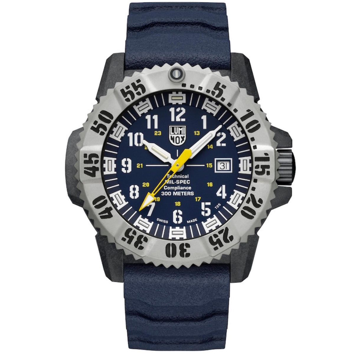 Luminox MIL-SPEC rubber watch with blue dial, dark bezel, and blue silicone strap