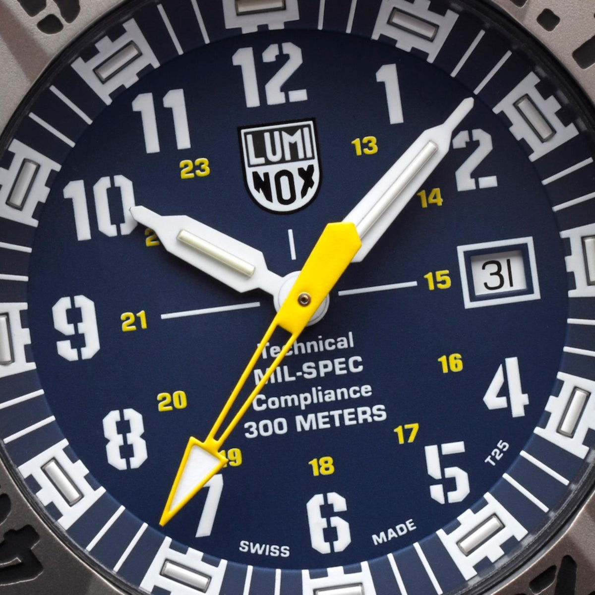 Close-up of MIL-SPEC watch blue dial with date window and yellow-and-white hands