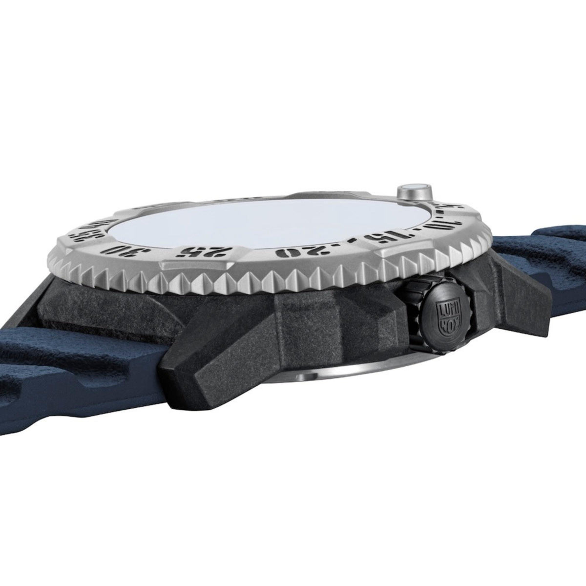 MIL-SPEC rubber watch side view with ridged bezel and dark blue silicone strap