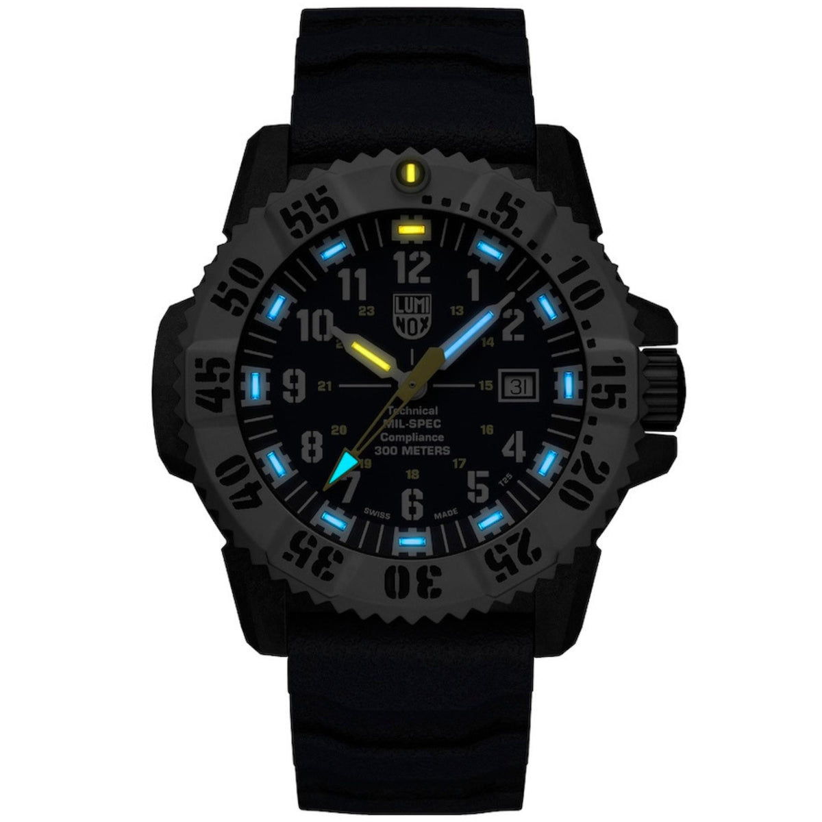 Luminox MIL-SPEC rubber watch with blue dial, black case, and black silicone strap
