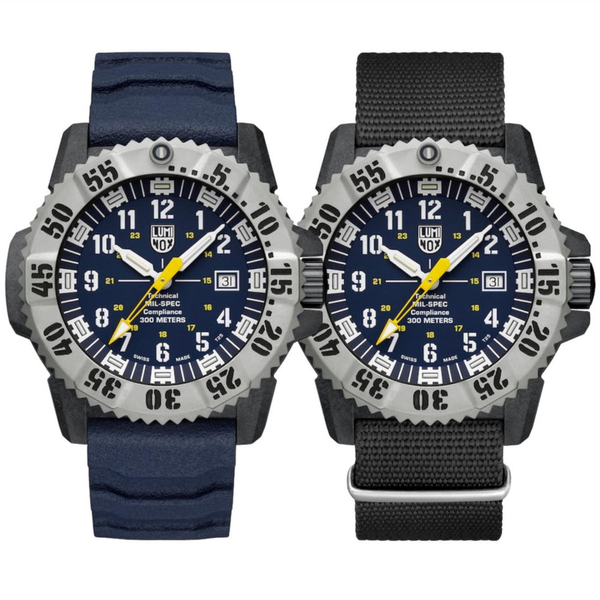 Two Luminox MIL-SPEC watches: blue-dial on blue strap and blue/black dial on black strap