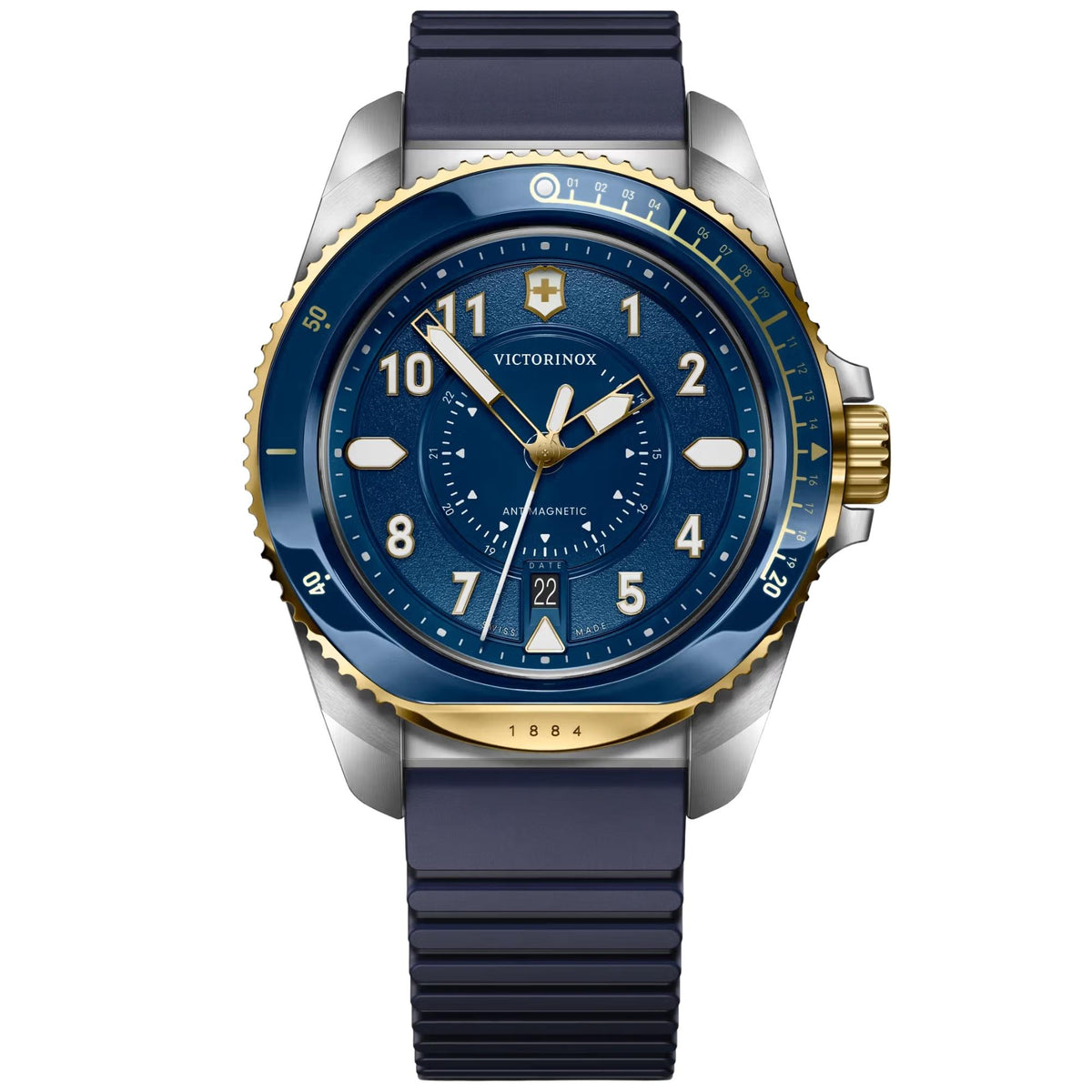 Victorinox Journey 1884 43mm Quartz blue grainy dial rubber watch 242013 front view