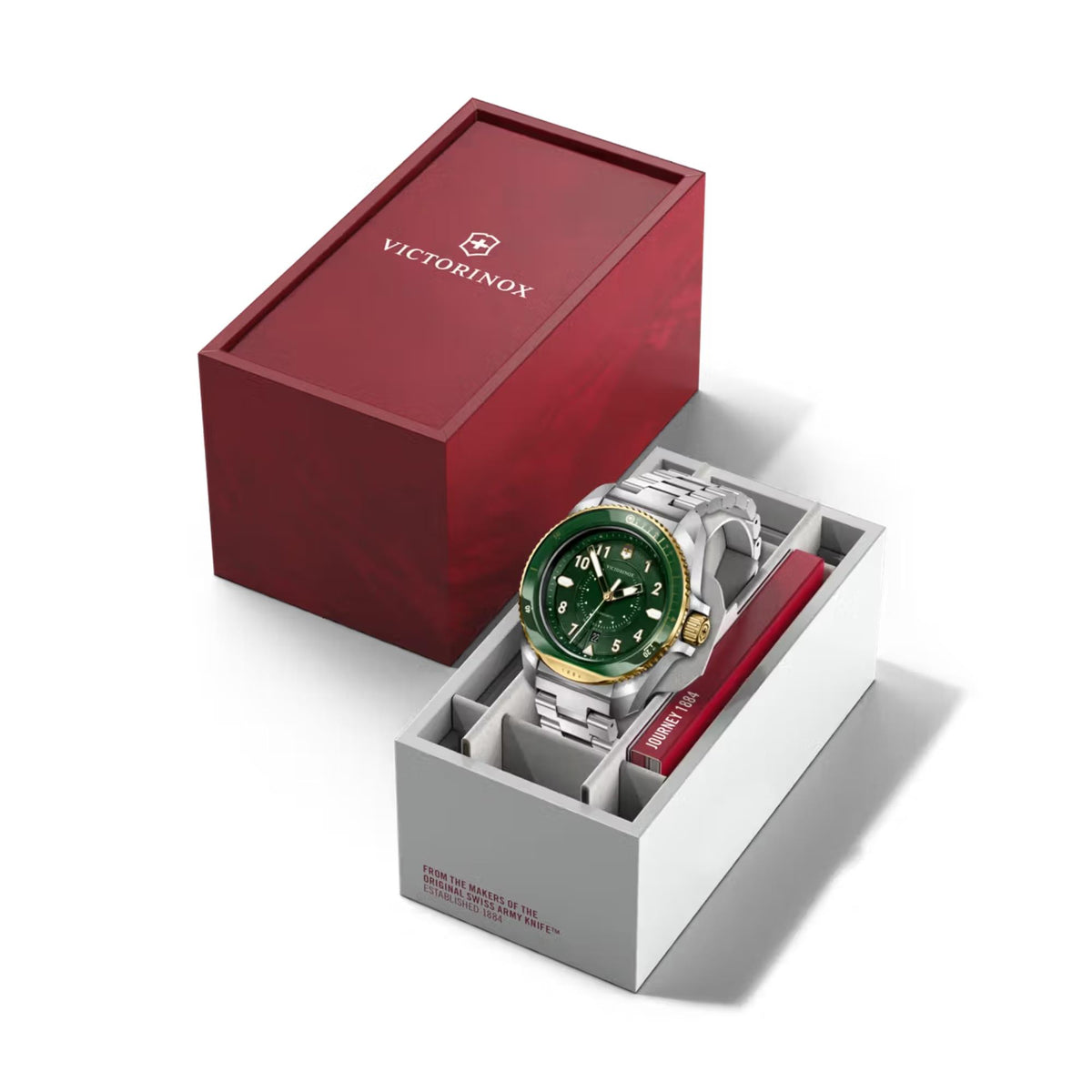 Victorinox Dive Pro 241995 automatic diver watch displayed in premium red and white gift box packaging