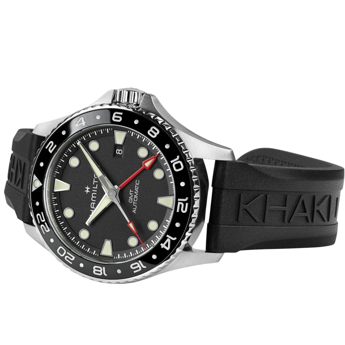 Men's automatic GMT diver watch with black dial, steel case, and black textured rubber strap