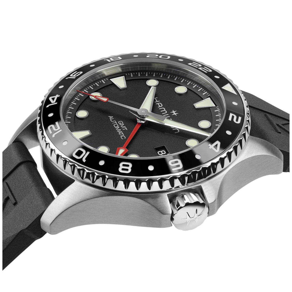 Men's black dial GMT diver watch with rotating bezel, red GMT hand, and black rubber strap